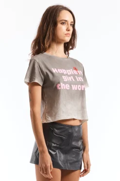 WASHED GREY HAPPY CROPPED T-SHIRT