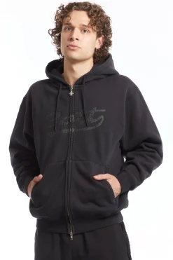 Washed Script Logo Zip Hoodie Washed Black